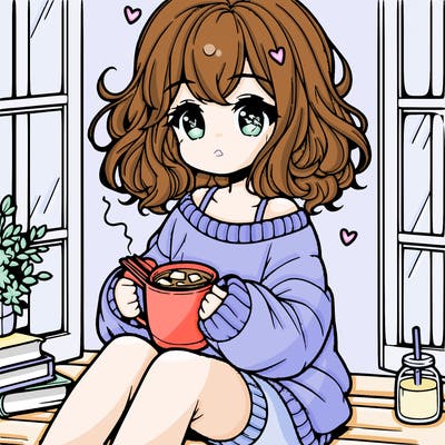 cute anime girl reading book and drinking hot chocolate from mug with loose wavy hair wearing a baggy sweatshirt and shorts sitting by windowsill looking out