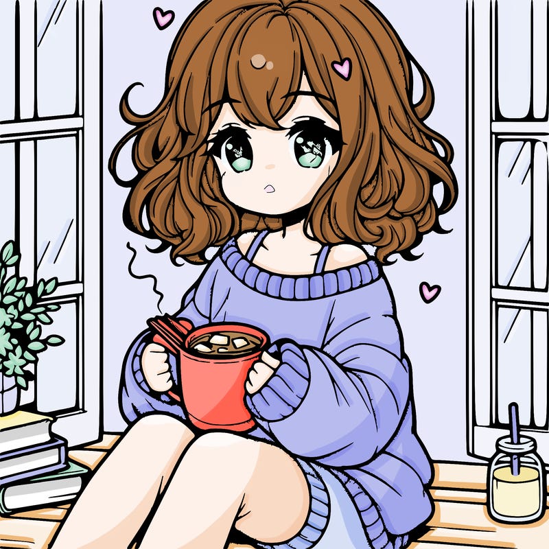 cute anime girl reading book and drinking hot chocolate from mug with loose wavy hair wearing a baggy sweatshirt and shorts sitting by windowsill looking out