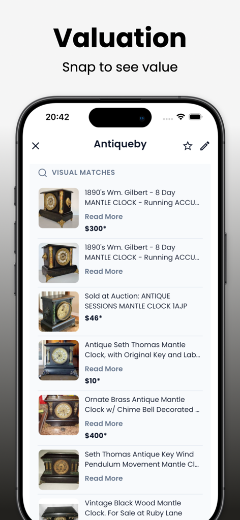 A mobile screen from the Antiqueby app showing visual matches and estimated valuations for different antique mantle clocks.