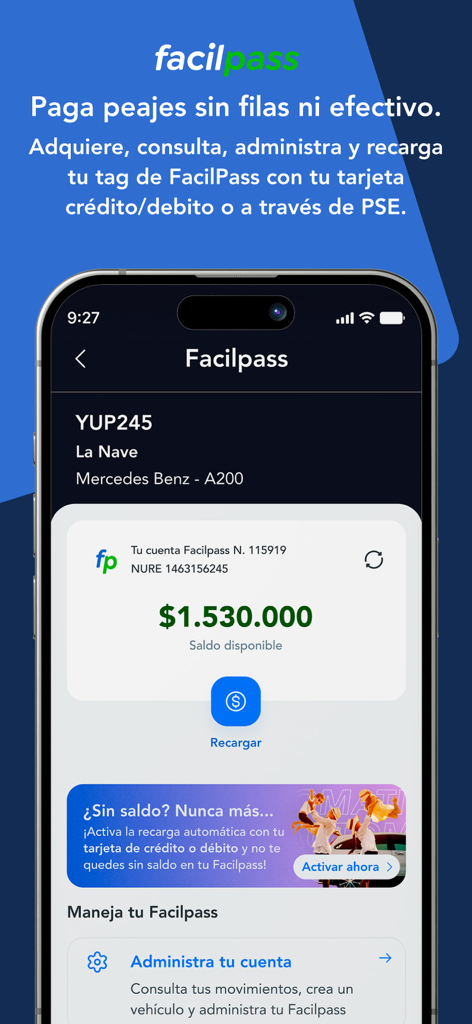 CarroYa - Tela FacilPass do aplicativo CarroYa mostrando saldo de pedágio e opções de recarga