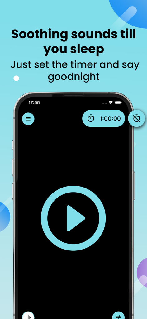 Noise: Green, Brown, White - Pantalla del iPhone que muestra la interfaz de la aplicación generadora de ruido con un botón de reproducción y un temporizador de apagado configurado para una hora.