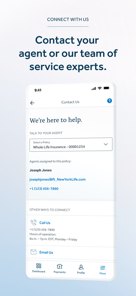 Interface of the New York Life app showing contact information for a life insurance agent.
