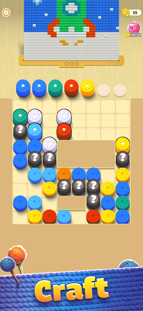 Thread Jam - Untangle 3D Ropes - Gameplay of Thread Jam showing a thread sorting puzzle and a colorful 3D embroidery pattern