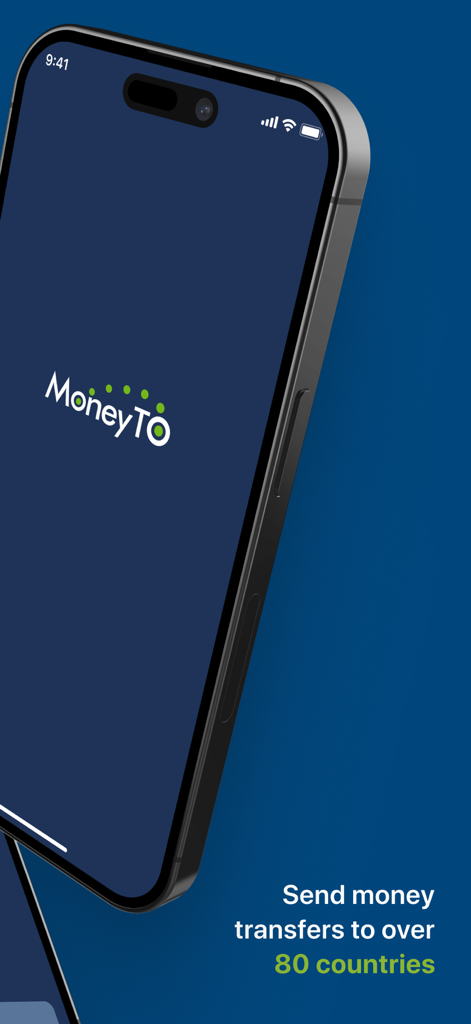 MoneyTO Money Transfer - An iPhone displaying the MoneyTO app splash screen with text saying Send money transfers to over 80 countries.
