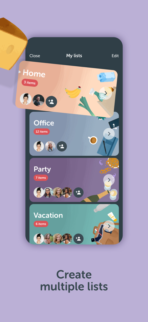 Interfaz de la app Bring que muestra múltiples listas de la compra categorizadas para fiesta en la oficina y vacaciones