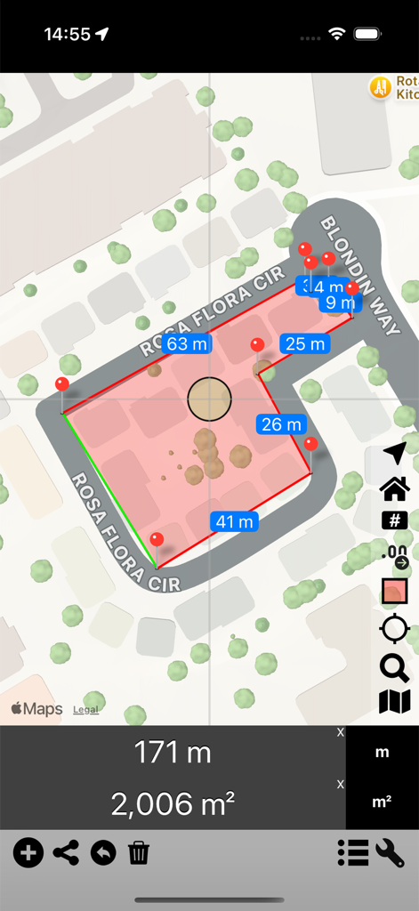 Area & Distance - Map Measure - Map measurement app interface showing land area and distance calculation with pins
