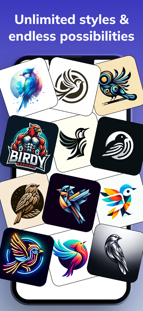 AI Logo Maker - Design Creator - Une variété de logos d'oiseaux dans différents styles générés par LogoBrain AI