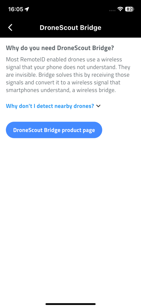 DroneScout pro - An information screen in the DroneScout pro app explaining the purpose and functionality of the DroneScout Bridge hardware.