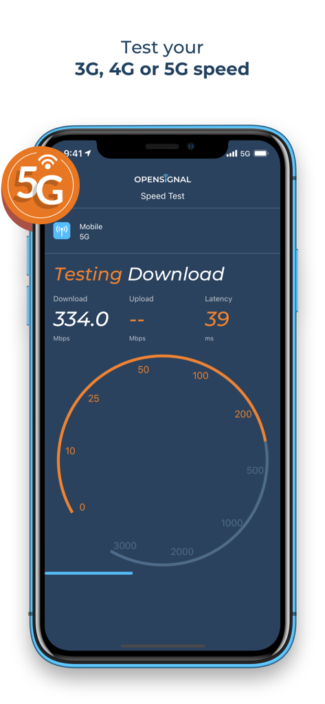 Opensignal mobile app interface showing a 5G download speed test result