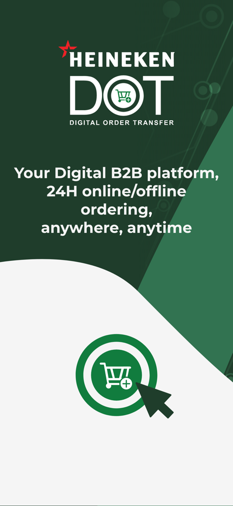 Pantalla de la aplicación Heineken DOT B2B mostrando la plataforma de pedidos digitales 24 horas para negocios