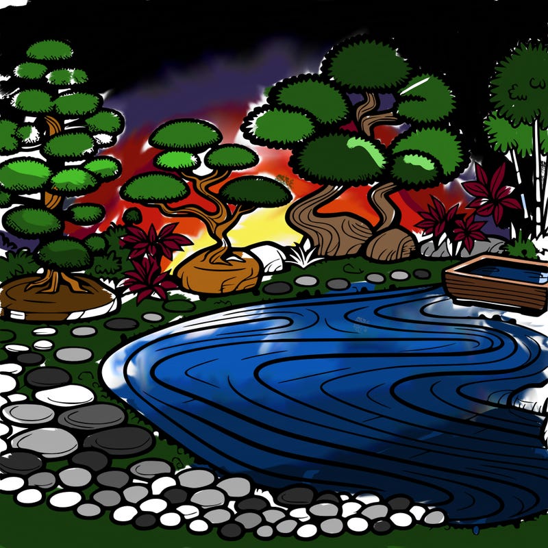 a serene zen garden with raked gravel, bonsai trees, and tranquil ponds