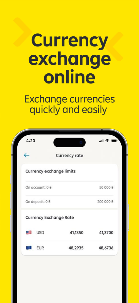 MyRaif app screen showing online currency exchange rates for USD and EUR with limits and current market values