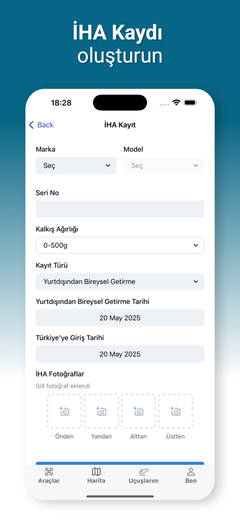 IHA TAKIP - UAV registration form on the IHA TAKIP mobile application