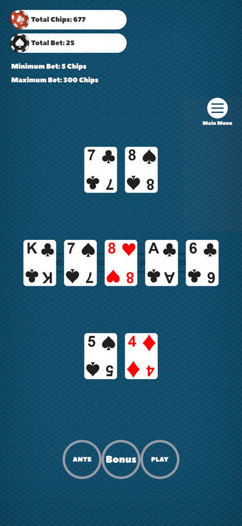 Holdem Poker Duo - Una pantalla móvil de Holdem Poker Duo mostrando cartas repartidas en una mesa azul y opciones de apuesta como Ante y Bonus.