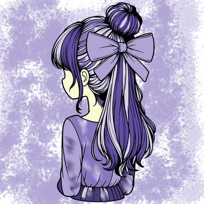 realistic girl  with hip length hair a bun and a big bow on the back of head