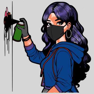 realistic girl with mask spray painting a wall