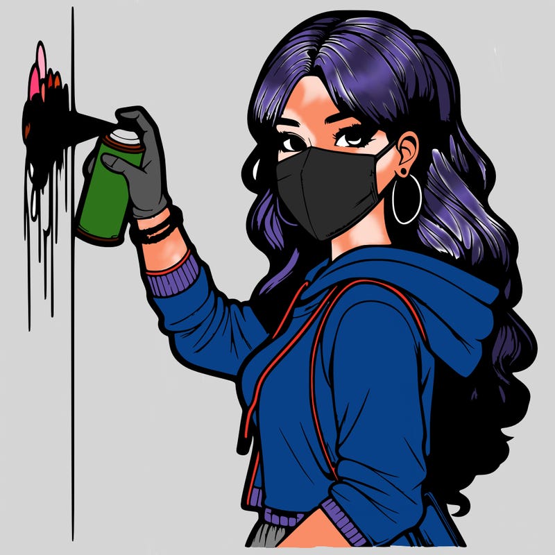 realistic girl with mask spray painting a wall