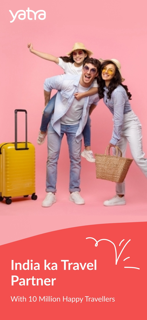 Yatra for Business - ピンクの背景に黄色のスーツケースと麦わらバッグを持ってポーズをとる幸せな家族