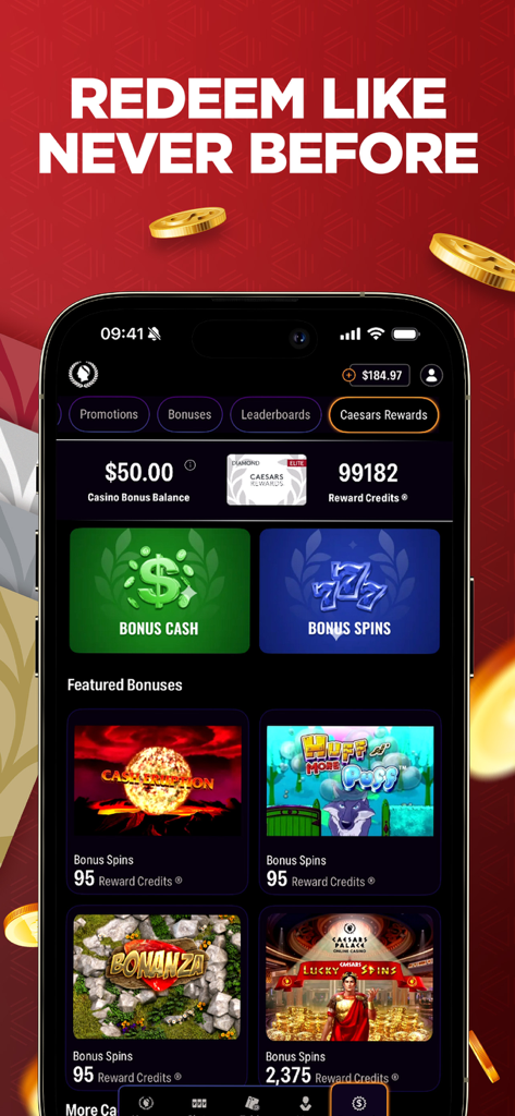 シーザーズパレス オンラインカジノの報酬画面のモバイルビュー、ポイントとボーナスオプションが表示されています。