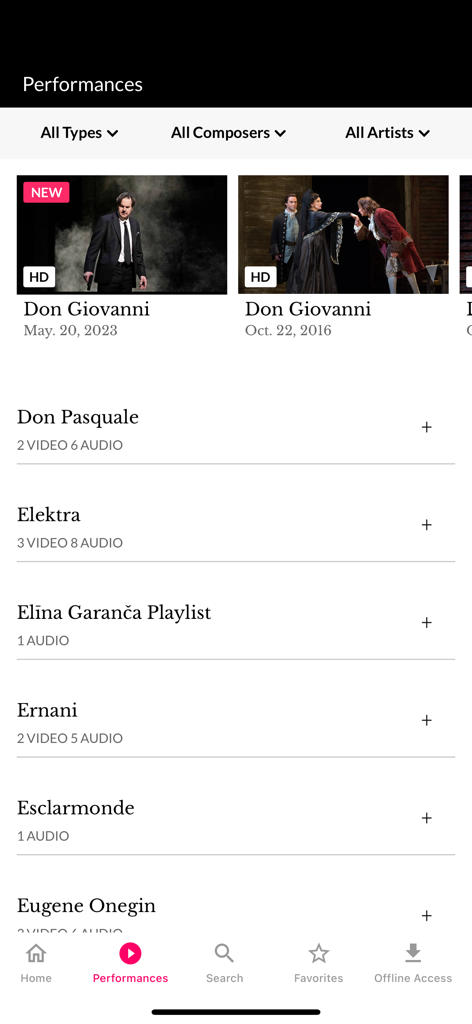 Ein Katalog verfügbarer Opernaufführungen in der Met Opera on Demand App, einschließlich Don Giovanni und Elektra.
