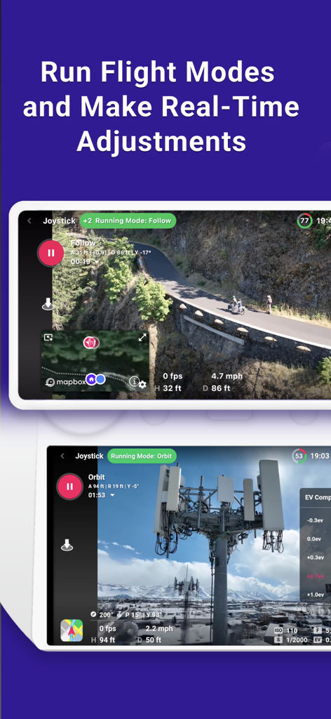 Dronelink Flight - Interfaz de la aplicación Dronelink que muestra modos de vuelo automatizados de drones y ajustes en tiempo real.
