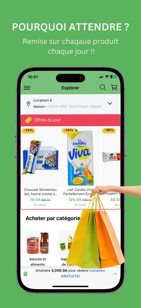 Dellvo: Fast Delivery Service - Dellvo mobile app screen displaying daily grocery discounts and shopping categories for fast delivery in Algiers