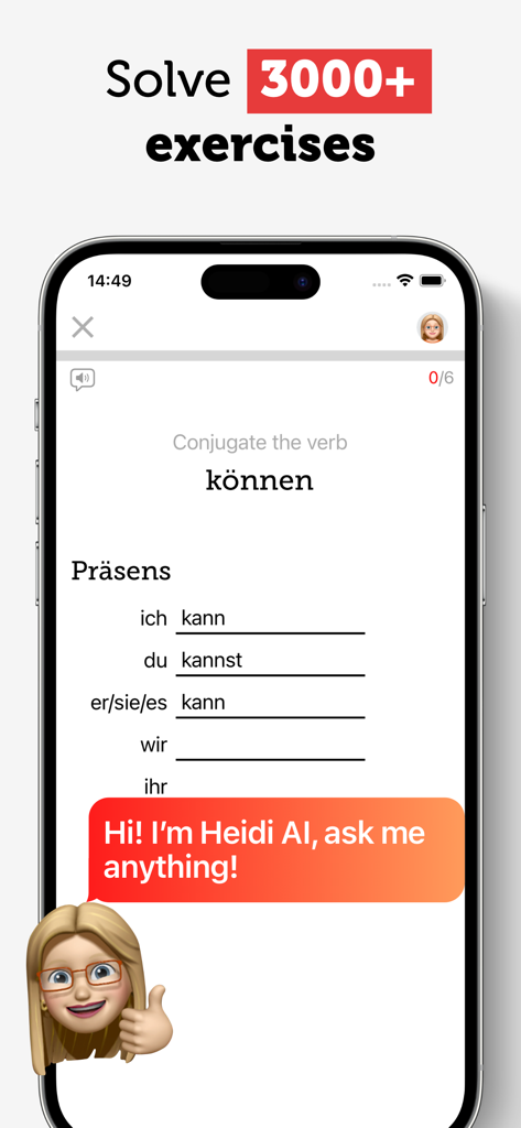 App per l'apprendimento della lingua tedesca che mostra un esercizio di coniugazione verbale per il verbo koennen con un assistente AI.