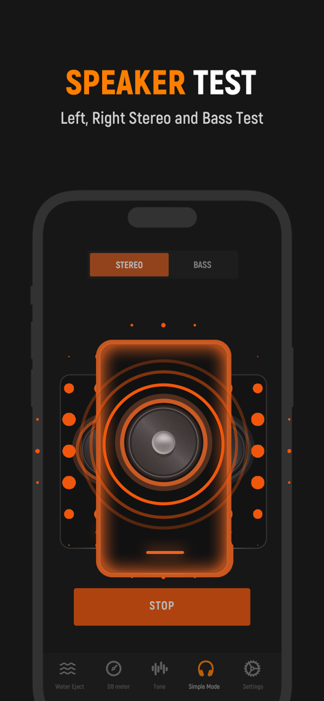 Speaker test screen in the Frequency Sound Generator app showing stereo and bass testing options