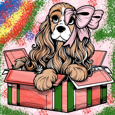 a spaniel american cocker with a beautiful bow coming out if a box realistic cute