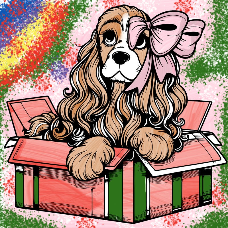 a spaniel american cocker with a beautiful bow coming out if a box realistic cute