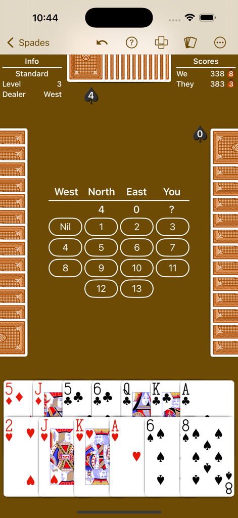 Spades - Expert AI - Bidding screen of the Spades Expert AI card game showing a player hand and bidding grid
