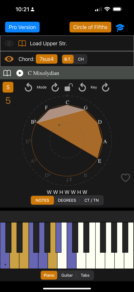 Tessitura Pro Scales - Interfaz de la aplicación Tessitura Pro Scales mostrando la escala C Mixolidia en un diagrama circular y un teclado de piano