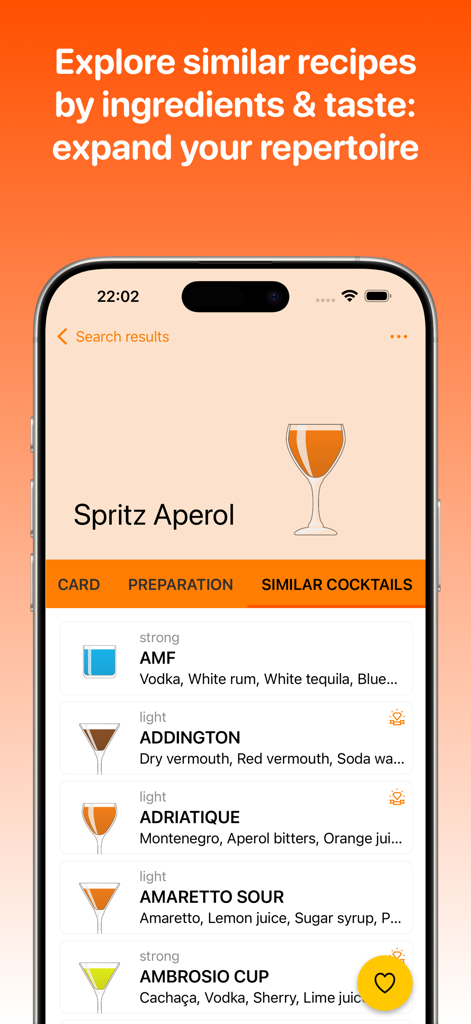 Cocktail Zone - Cocktail Zone app interface showing similar cocktail recipes based on ingredients and taste.