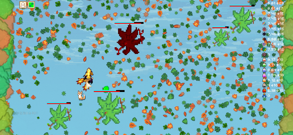 Leaf Blower Revolution - Jugabilidad pixel art de Leaf Blower Revolution mostrando combate contra monstruos de hojas y altos recuentos de recursos