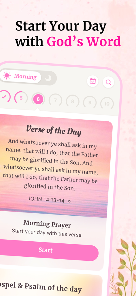 Bible For Women. - Bible for Women app showing the Verse of the Day and Morning Prayer interface with a soft pink feminine design.