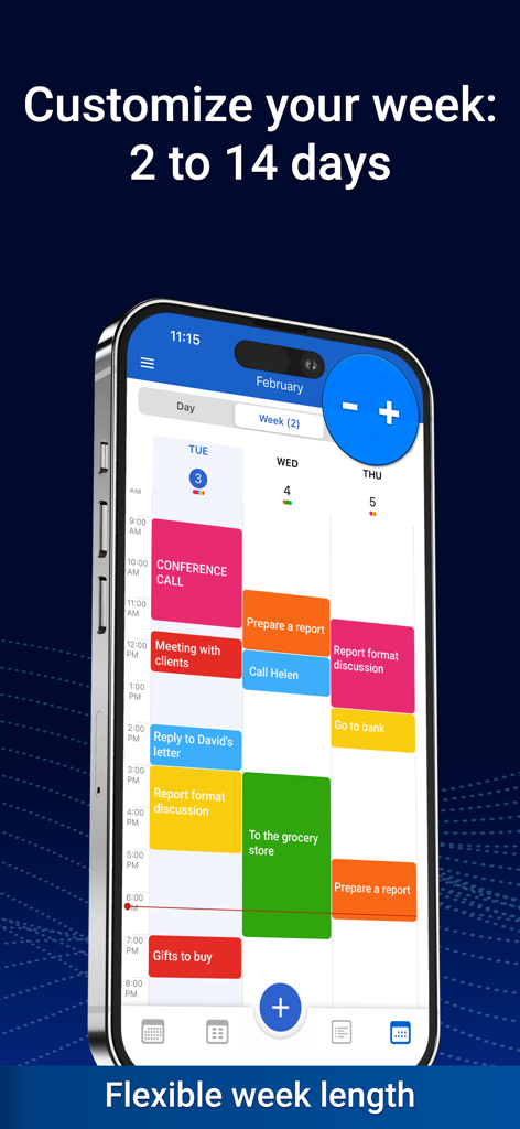Calendar: To Do List & Notes - Smartphone screen showing MC Calendar app with customizable week view and color-coded event blocks