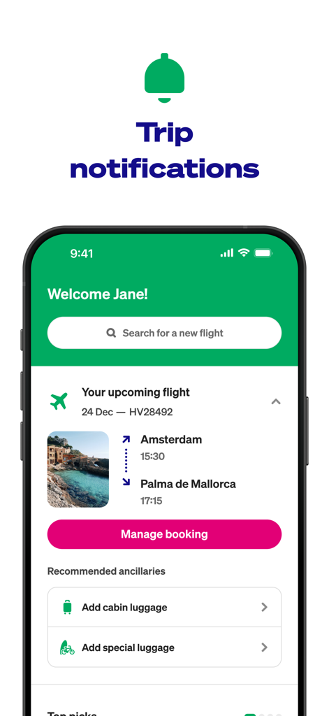 Transavia - Interface of the Transavia app displaying flight notifications and a dashboard to manage bookings and add luggage.
