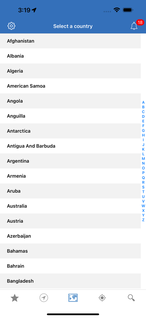 NOAA Aviation Live Sky Weather - Country selection screen for aviation weather data