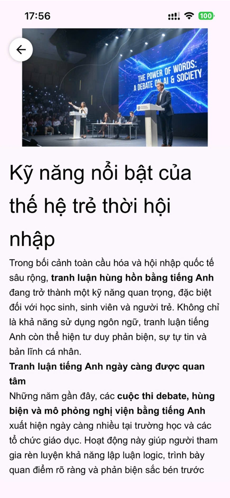 Alo Go - Đặt Food - Gọi Xế - Vietnamese article about youth skills and English debate in the Alo Go app