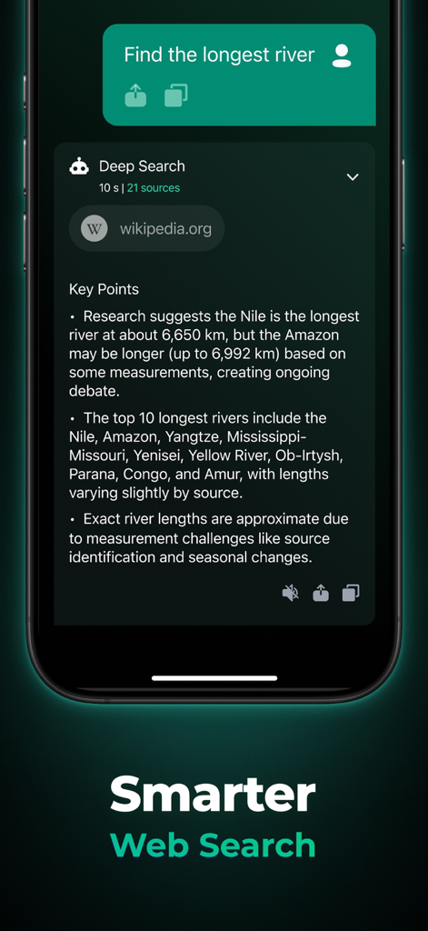 ChatPod - AI Chatbot Assistant - Mobile screen showing ChatPod AI performing a deep web search to answer a question about the longest river.