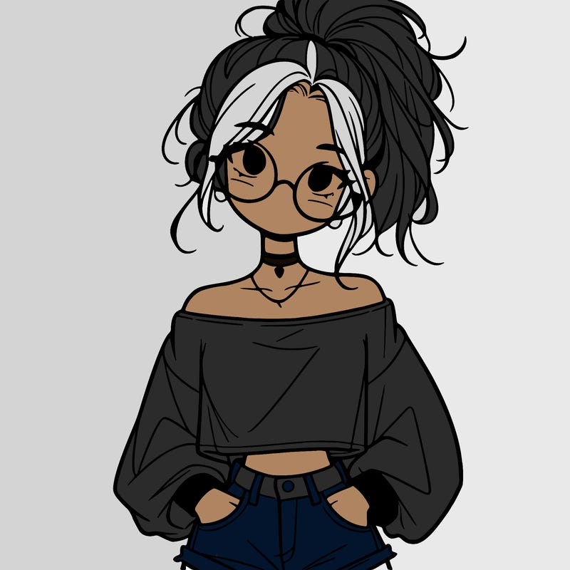 girl with a messy ponytail glasses a baggy crop top and jean shorts