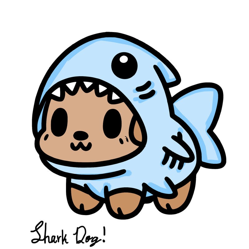 cute dog wearing a shark costume