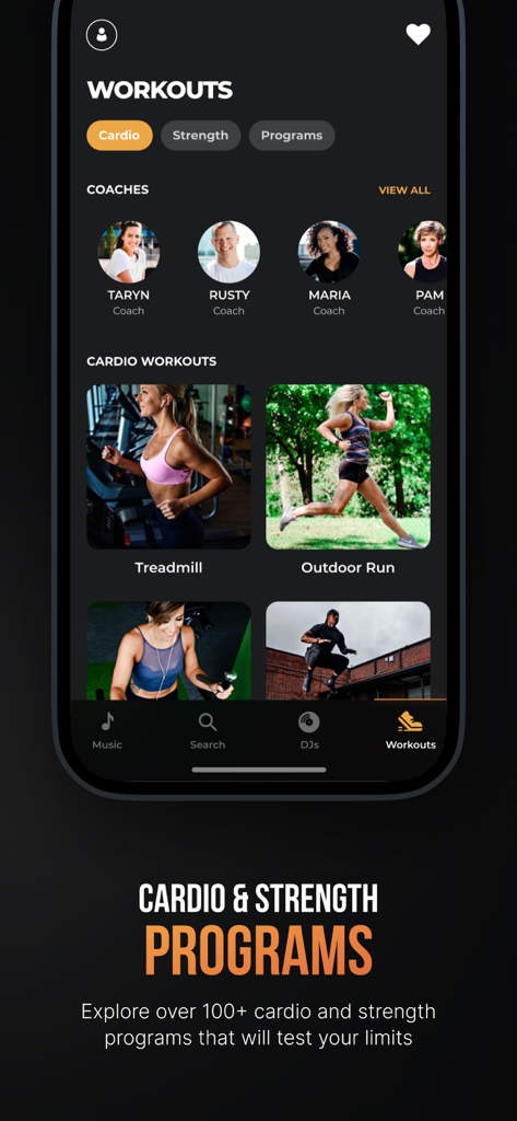 Fit Radio: Train Inspired - Fit Radio app interface showing cardio and strength programs and personal trainers