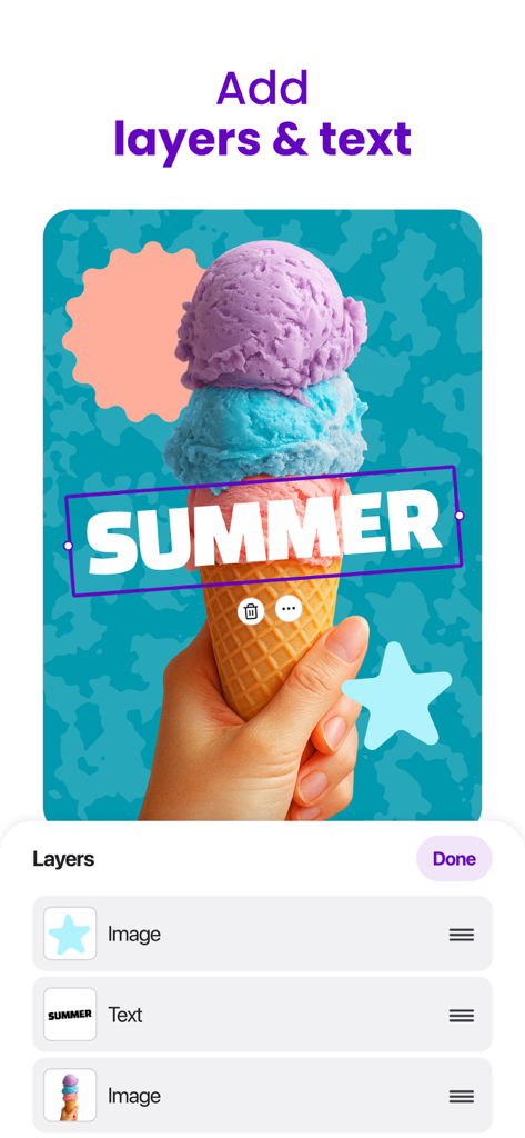 AI Background Editor - Ereasy - Ereasy app interface showing the layers and text editing feature on a summer themed photo