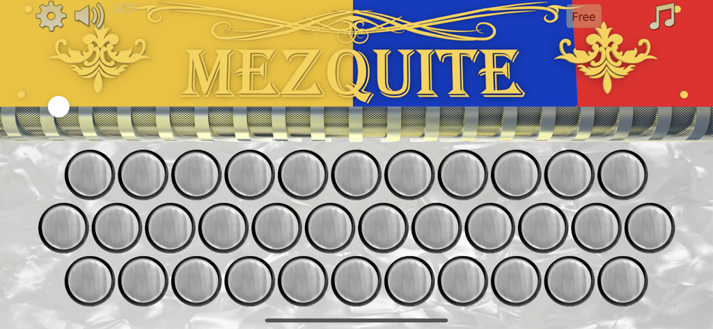 Mezquite Diatonic Accordion - Digital diatonic button accordion interface with Mezquite branding and musical buttons