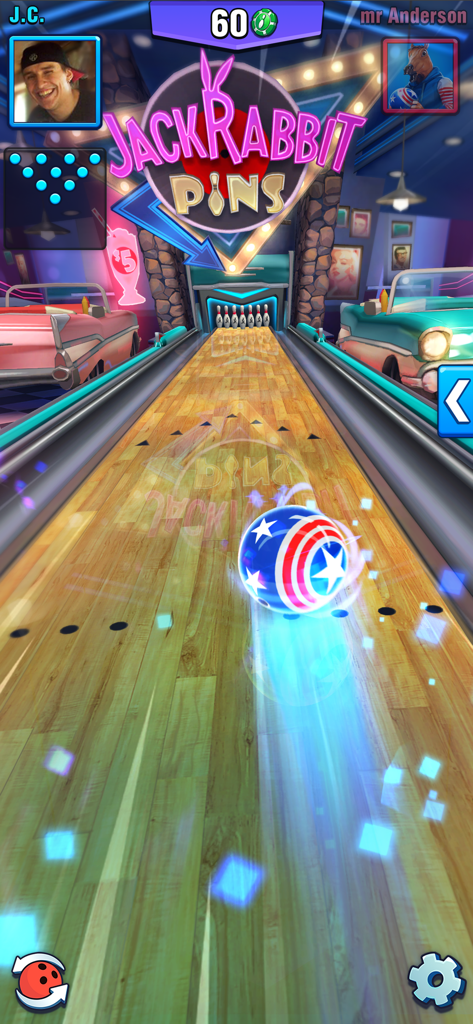 Bowling Crew — 3D Sport Game - 레트로 3D 볼링장에서 미국 국기 패턴 볼링공이 등장하는 볼링 크루의 경쟁 매치