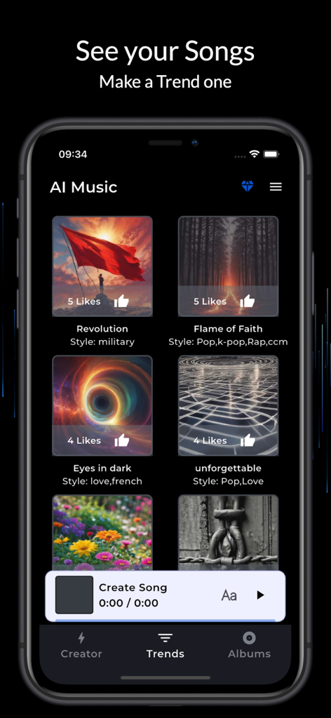 Mobile app interface showing trending AI generated songs with artwork and like counts