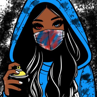 girl wearing a mask with long hair with her hood up spray-painting realistic