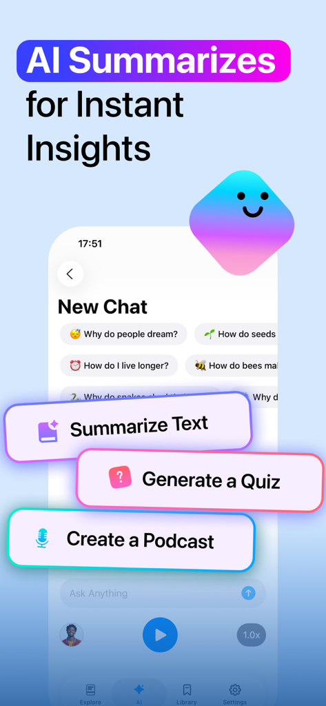 Interfaz de chat de la aplicación BookLand que muestra funciones de IA para la generación de resúmenes de texto, cuestionarios y creación de podcasts
