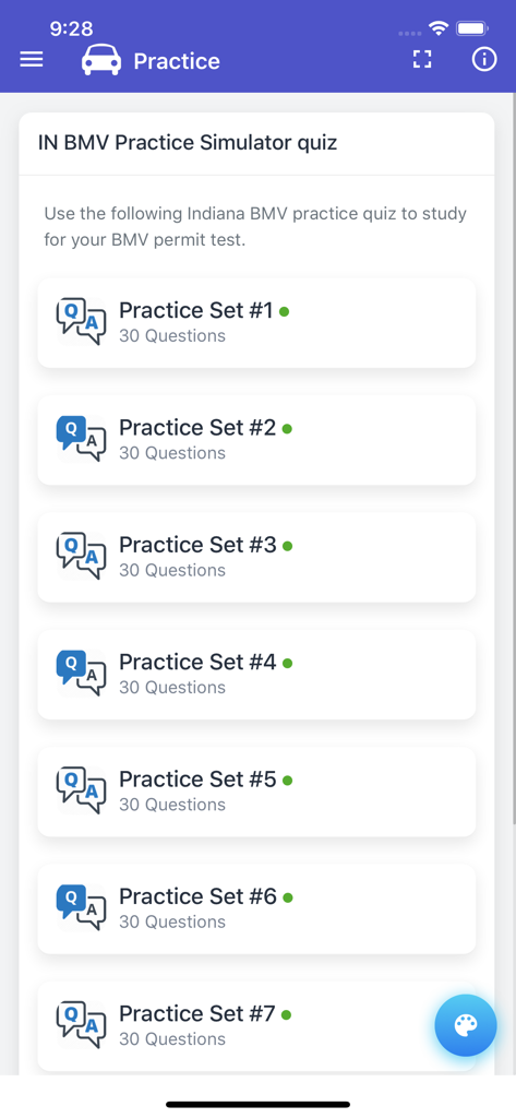 Indiana BMV Practice Exam - A list of multiple practice exam sets for the Indiana BMV permit test each containing 30 questions